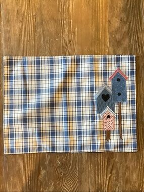 Handmade Blue Plaid Cotton Placemat with Birdhouse Appliqué Accents - set of 2